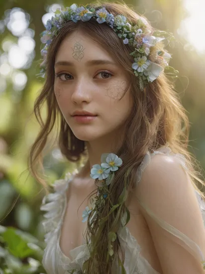 fashion photography portrait of flower fairy, in blue lush jungle with flowers and birds,1 head ,(alphonse mucha style:1.2), 3d render, cgi, symetrical, octane render, 35mm, bokeh, 9:16, (intricate details:1.12), hdr, (intricate details, hyperdetailed:1.15), (natural skin texture, hyperrealism, soft light, sharp:1.5)