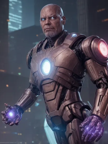 cybernetic eye, terminator, cyberpunk version, tron legacy, glowing Thanos armor, full figure portrait of bald Thanos in purple skin in action pose, utility belt, cyborg, robotic arms, armord, thanos armour, blade runner, action pose, wearing infinity gauntlet, cyberpunk city, dramatic lighting, necklace, jewelry, cape, magic circle, masterpiece, mechanical parts, cybernetic eye, ultra detailed, depth of field, neon lights, intricate, detailed skin, chrome, johnny silverhand arms, magic, powers, hero pose, realistic, 8k, uhd, best quality, mechanical parts, 5 fingers, vibrant colors, iron man glowing chest, cyberpunk universe on saturn moon