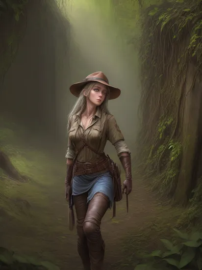 (best quality, masterpiece:1.3), 1 girl, adult (elven:0.7) woman,  blue eyes, medium brown prom hairstyle,,  Lying with one leg bent at the knee,  solo, half shot, detailed background, detailed face, (indiana jones theme:1.1), explorer, spelunking, dynamic pose, rugged  frayed leather clothes,  indiana jones hat,     belt, gloves, (leather pouches:0.4), compass, (abandoned:0.7) dark dungeon background, vines, moss,  dust, remains of ancient civilization, dark cinematic atmosphere, occult, shadows,  , tropical jungle, ,