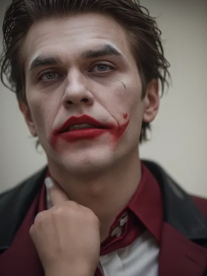 (BEST_QUALITY:1.5)(PHOTOGRAPHY:1.4)(CINEMATIC)(HYPERREALISTIC:1.3)(MOVIESCENE)(4K)(PRETTY)
Portrait of joker only one half of his face is lit from the side with red light, high contrast, photorealism, film photography