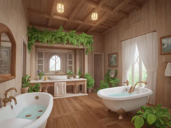 (Professional 3D rendering:1.3) of magicalinterior style, bathroom, bathing room, plant, scenery, window, tree, nature, bathtub, forest, mirror, bath, faucet, water, house interior, indoors, cottage interior, treehouse interior, dark, gothic, Goth, luxury, fantasy, magic, Harry Potter, Slytherin, perfect composition, award-winning, Dirk Crabeth, unreal engine 5 highly rendered, a detailed matte painting, gothic art,CGSociety,ArtStation