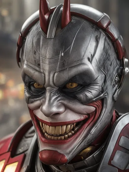 close-up, upper body, a photorealistic CG rendering of a cross between Heath Ledger's Joker and Ironman Mark 85, the armored helmet designed to resemble the jokers maniacal grin and face paint but emphasizing the glow of the technology in the eyes, a chaotic city street in the middle of battle, explosions, smoke, people running