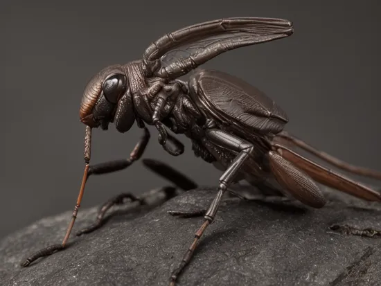 extreme macro close-up side view photograph of a xenomorph insect on a rock, dark background, in the style of macro photography, focus-stacking, studio photography, highly detailed, extreme realism, bioluminescent