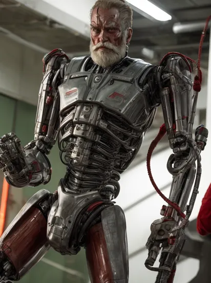 The robot from the Terminator movie dressed up as Santa. Green lighting. High quality textures, high quality, masterpiece