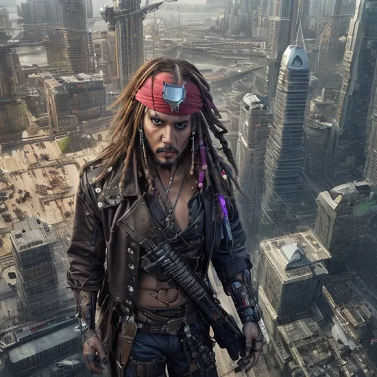 cyberpunk, (cyborg:1.5), Jack Sparrow (Pirates of the Caribbean) with face tattoos, wearing neon tech clothes, wires and cables are connected to the head and body, neon clothes, exposed wires, electric clothing,  holding a laser sword, at day time, outdoor, Cybernetic implants, cyborg, robotic arm, robotic leg, exposed metal,    BREAK The background is on a high tech pirate ship, long distance shot, from above shot, high-tech sense atmosphere, sfw, neon lights, skyscrapers, futuristic, vibrant colors, high contrast, highly detailed, in the bay,