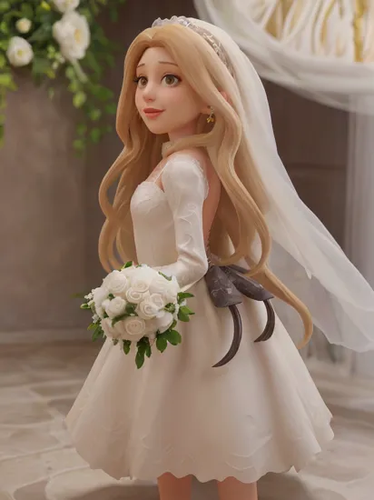 woman, , rapunzel, (long hair:1.4), (very long hair:1.45), (absurdly long hair:1.5), blonde hair, smile, shy smile, high heels, earring, collar, (white dress:1.5), (wedding crown:1.2), (wedding dress:1.5), (bridal dress:1.2), (flower:1.2), (wedding party:1.2), from behind, (masterpiece, high quality, best quality:1.3), (photorealism:1.3), (dynamic shadows, dynamic lighting:1.2), (natural skin texture:1.5), (natural lips, detailed lips:1.3), (natural shadows, detailed shadows:1.5), (hyperrealism, soft light, sharp), (hdr, hyperdetailed:1), (intricate details:0.8), detailed eyes, detailed hair, detailed skin, 8k, (cinematic look:1.4), insane details, intricate details, hyperdetailed, low contrast, soft cinematic light, exposure blend, hdr, faded, slate gray atmosphere, (everything Detailed), , , , emil1de1ta1sage 
