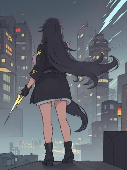 masterpiece, best quality, city, on roof, high,(((very long hair)))
mulan, long hair, 1girl, from behind, solo, high heels,  night, building, city, full body, white hair, dress, cityscape, facing away, black footwear, black jacket, boots, jacket, gloves, standing
(3Drender,octane render,Dreamy,streampunk,fantasy,neon,perfect lighting,lightning,proportionate)