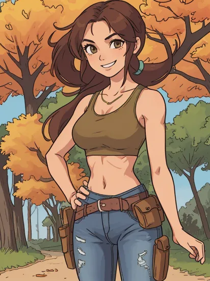 lara croft, brown hair, ponytail, tanktop, high waist jeans, looking at viewer, serious, smiling, standing, hands on hips, medium shot, outside, park, trees, autumn, extreme detail, masterpiece,   