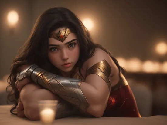 DC movies,photo of a 18 year old girl,wonder woman,rest her head and arms on the table,ray tracing,detail shadow,shot on Fujifilm X-T4,85mm f1.2,sharp focus,depth of field,blurry background,bokeh,,