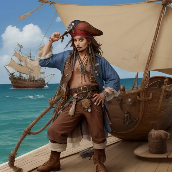 cute johnny depp capitan jack sparrow as moonster at a pirate boat, wearing nike shoe,in (moonster:1.05) style,