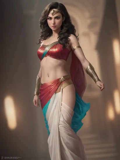gal gadot as wonder woman (wearing saree:1.3) standing in front of the white house style of Artgerm , (Extremely Detailed Oil Painting:1.2), glow effects, godrays, Hand drawn, render, 8k, octane render, cinema 4d, blender, dark, atmospheric 4k ultra detailed, cinematic sensual, Sharp focus, humorous illustration, big depth of field, Masterpiece, colors, 3d octane render, 4k, concept art, trending on artstation, hyperrealistic, Vivid colors, extremely detailed CG unity 8k wallpaper, trending on ArtStation, trending on CGSociety, Intricate, High Detail, dramatic, absurdes