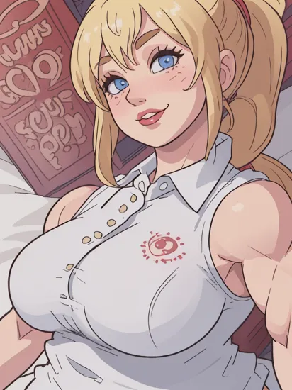 1girl, (solo), samus aran, jujunaught-66600, (((cartoon))), intricate details, perfect face, (detailed face), blonde hair, blue eyes, deep eyes, (((portrait))), soft lighting, highly detailed, milf, (ponytail), (big pupils), (round pupils), comic, (((thick arms))), (((((muscular female))))), glasses, ((upper body)), smile, happy, (((photorealistic))), (on bed), (((bimbo lips))), (((white shirt))), tight, (office lady),