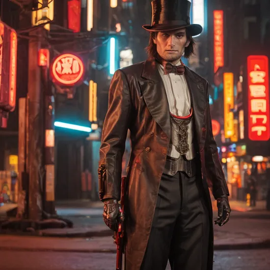 cinematic film still cyberpunk red neon,cyborg Abraham Lincoln holding a katana,neon,robot limbs,wide_shot,cinematic_angle,building_ruins red neon,,top hat . shallow depth of field, vignette, highly detailed, high budget, bokeh, cinemascope, moody, epic, gorgeous, film grain, grainy