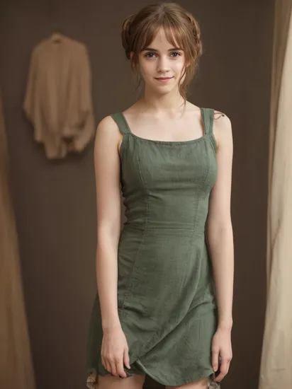 hermione granger, highres, masterpiece, 1girl, solo, looking at viewer, emma watson, photoreal,, black background, simple background, portrait, upper body, nude, naked, breasts, nipples, smile, side-swept bangs, black hair, pink IncursioDipDyedHair, messy mid ponytail, green eyes, thick eyebrows, freckles, perfect lighting, bloom, cinematic lighting,  