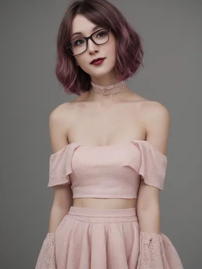 conceptual portrait photo of young, nerdy woman. (looking at the viewer:1.4). ((short) dark hair:1.4), (slender), (dark lips:1.4), flirting with the camera. (glasses). choker, detailed jewelry, makeup. smiling. (dyed hair, pink hair color:1.1). short (off-shoulder:1.2) sleeveless white silk  freckles,narrow torso, closed mouth, realistic skin texture, blond hair, slim, erotic, relaxed, haze lighting, spring, 35mm, 8k, UHD, masterpiece 