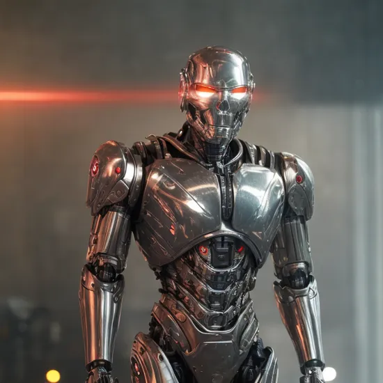 cinematic film still of  
Epic Creative Scene a metallic terminator robot with glowing eyes and a red light Cinematic Hollywood Film Style, shallow depth of field, vignette, highly detailed, high budget, bokeh, cinemascope, moody, epic, gorgeous, film grain, grainy