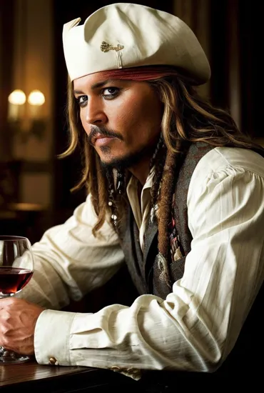 Johnny Depp, Distinguished man @JohnnyDepp, sharp beard, tailored suit, poised with hand on chin, contemplative look, fine dining setting with a glass of white wine, intimate ambiance with warm, inviting lighting, captures an essence of sophistication and quiet reflection.