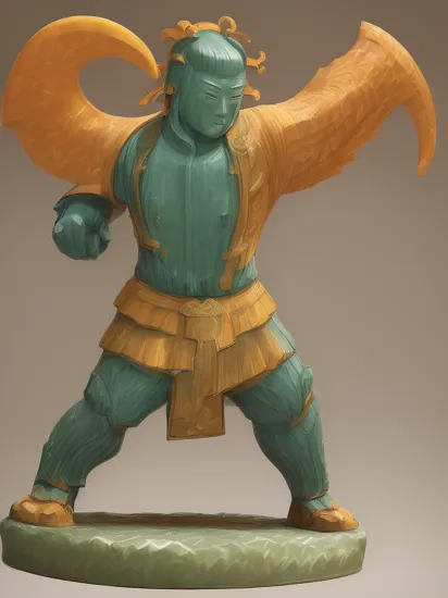 A (Tang Sancai-styled sculpture:2) of hulk,the Hulk is dressed in Tang dynasty warrior attire, wielding ancient weaponry. His body showcases the typical Tang Sancai colors: green, brown, and white, set against an ancient Chinese battlefield backdrop.