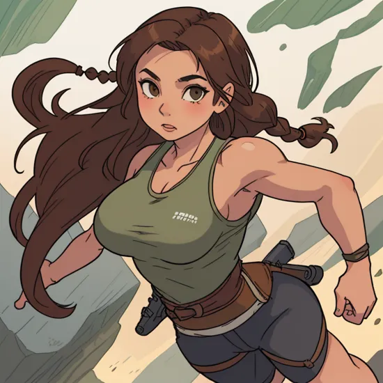 1girl, solo, (lara croft), fumio-8000, brown eyes, looking at viewer, ((portrait)), mature female, ((brown hair)), tight, arms behind back, perfect face, ((muscular female)), (thick arms), braid