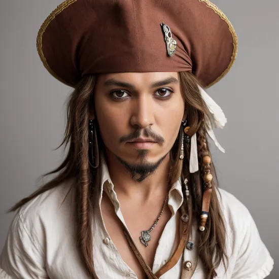 Highly detailed, High Quality, Masterpiece, beautiful, 1boy, solo, OneDoesNotSimply, , jack sparrow, brown eyes, hat, brown hair, earrings, hat, pirate, jewelry, shirt, short hair, white shirt,  