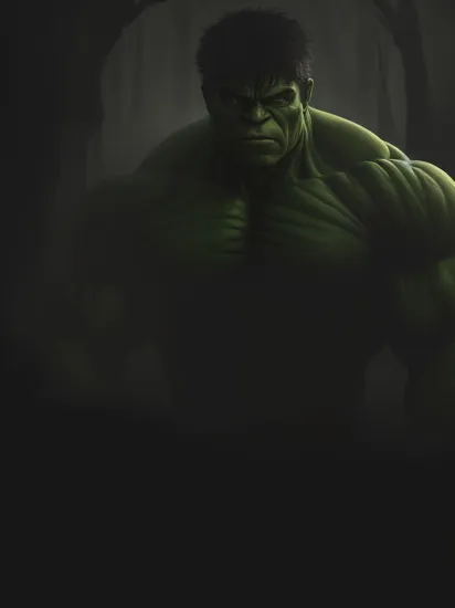 high detailed professional photo of hulk looking at viewer, fog, dark forest, night, darkness, grainy, shiny, intricate details, contrasting shadows, cinematic lighting, realistic, photographic