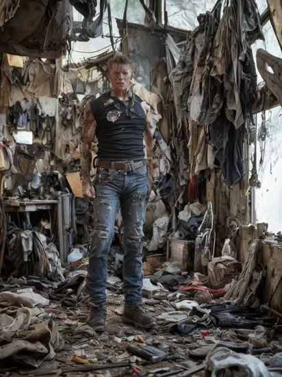 Wide angle Environmental shot of terminator Cyborg in a cluttered and messy shack , action shot, tattered torn shirt, porcelain cracked skin, (vibrant, photo realistic, realistic, dramatic, dark, sharp focus, 8k).