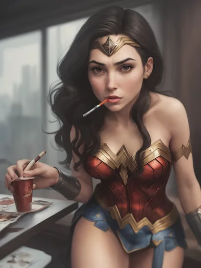Cinematic film still. Wonder Woman as a femme fatale,  smoking a cigarette at a cafe. cinema noir,  , watercolor, 
Negative prompt: Anime,  cartoon,  graphic,  text,  painting,  crayon,  graphite,  abstract,  glitch,  deformed,  mutated,  ugly,  disfigured
Steps: 30, Sampler: DPM++ 2M SDE Karras, CFG scale: 7.0, Seed: 2024922659, Size: 832x1216, Model: zavychromaxl_v21
