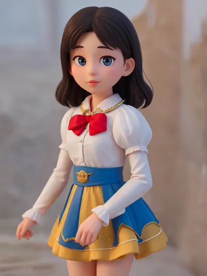 masterpiece,best quality,highres, ultra-detailed, solo, 1girl, BREAK, snow white,BREAK, blue and yellow dress,yellow skirt, red bow, 
 