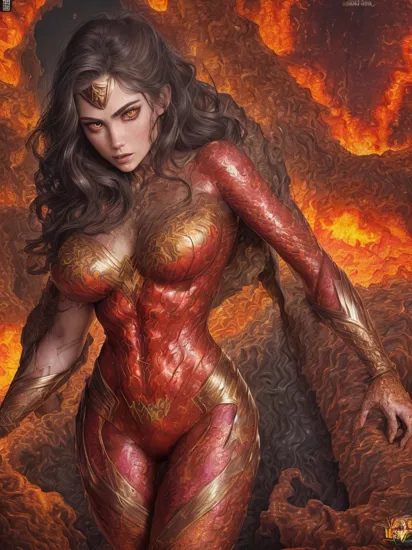 comicbook virgin variant cover drawing, hdr, carne griffiths, Karol Back, Brandon Woelfel, (highly detailed body 1:1.5)(highly detailed face 1:1.5) (highly detailed ral-lava eyes 1:1.5), (sexy) wonder woman Diana wears a (torn gold and ral-lava transparent) see through transparent outfit, graphic novel virgin variant cover themed, Lightpainting, haunted destroyed building interior background traditional media