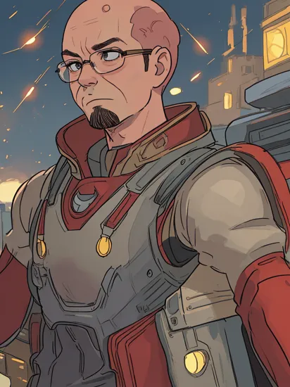raw photo of (bald:1.3) tony Stark from iron man but in soviet union,poor engineer wearing glasses,wearing ugly soviet man armor,the armor is made of soviet steel,35mm photograph,film,bokeh,professional,4k,highly detailed,night,,,