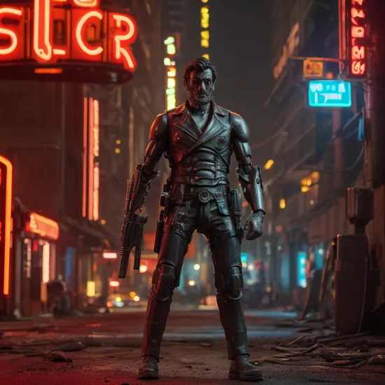 cinematic film still cyberpunk red neon,steel,Abraham Lincoln holding a shotgun,neon,robot limbs angry,wide_shot,cinematic_angle,building_ruins red neon , . shallow depth of field, vignette, highly detailed, high budget, bokeh, cinemascope, moody, epic, gorgeous, film grain, grainy