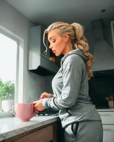 @Laura Waking up in the morning. Standing in her kitchen looking out her window. Making her a cup of coffee & toast for breakfast. Dressed in her Grey sweatpants & grey sports top. Her Blonde hair is pulled back tightly in a tail. she is wearing gold jewelry. She is wearing pink Nike shoes.