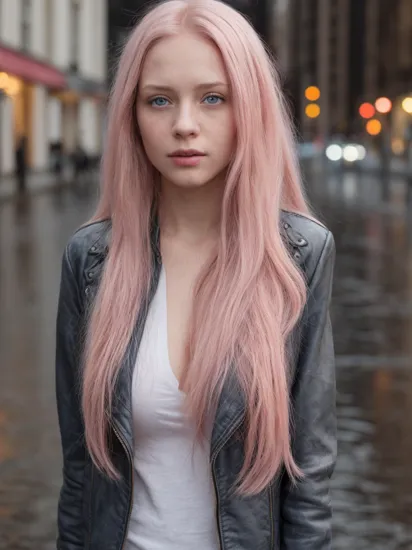 Portrait of girl, ((long pink hair, leather jacket, blue eyes)), street photography, side angle, city streets, ((rain, night, matte colors, dark background)), blushing, looking into camera, (8k, best quality, masterpiece:1.2), (realistic, photo-realistic:1.37), ultra-detailed, 1 girl, cute, solo, beautiful detailed sky, dating, (nose blush), (closed mouth) small breasts, beautiful detailed eyes, realistic, photo, detailed background, hdr,  ,  