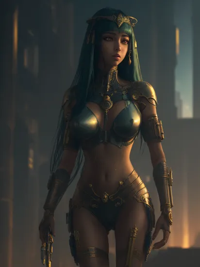 Tranquil Relaxing Atmosphere,, Cleopatra,reimaged in a cyberpunk universe,cyberpunk style,augmentation,cinematic scene,hero view,action pose,beautiful 8k,masterpiece,best quality,high quality,absurdres ,,,calming style,soothing colors,peaceful,idealic,Tranquil Relaxing Atmosphere,