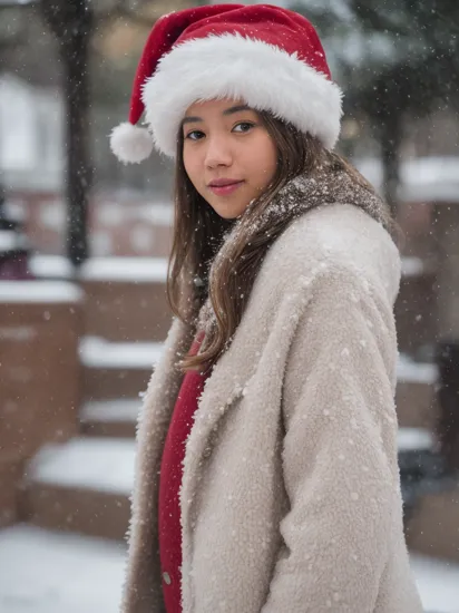 hyper realistic photography of Mahaliav1, winter coat, street photography, film grain, (snow:1.2), santa hat, Fujifilm X-H2S, 90mm F/8 Macro Lens