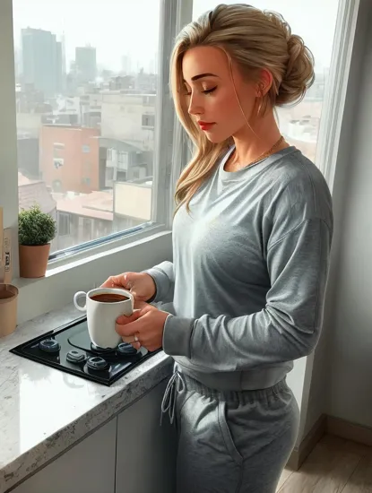 @Laura Waking up in the morning. Standing in her kitchen looking out her window. Making her a cup of coffee & toast for breakfast. Dressed in her Grey sweatpants & grey sports top. Her Blonde hair is pulled back tightly in a tail. she is wearing gold jewelry. She is wearing pink Nike shoes.