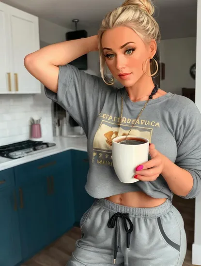 @Laura Waking up in the morning. Standing in her kitchen looking out her window. Making her a cup of coffee & toast for breakfast. Dressed in her Grey sweatpants & grey sports top. Her Blonde hair is pulled back tightly in a tail. she is wearing gold jewelry. She is wearing pink Nike shoes.