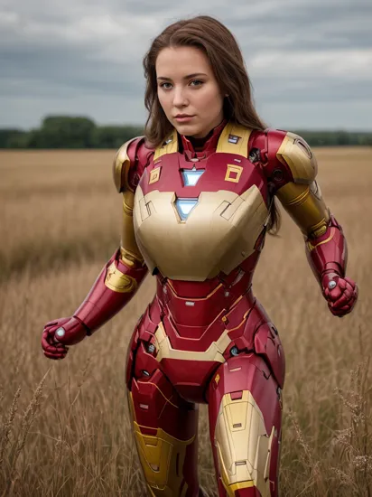 masterpiece, stunning portrait photo of alsv woman,   wearing a (iron man mark IV armor:1.2), in a field, 16mm,
 