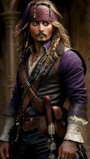 Johnny Depp, Hawkeye @JohnnyDepp, his bow drawn, eyes narrowed in concentration. Clad in purple, his sharpshooter's attire is functional yet iconic, every inch the marksman, his quiver a testament to his readiness for any challenge.