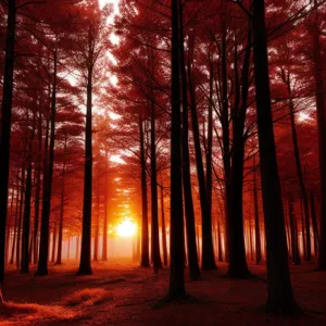 Dark forest, red ocean at sunset, real realistic