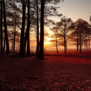 Dark forest, red ocean at sunset, real realistic