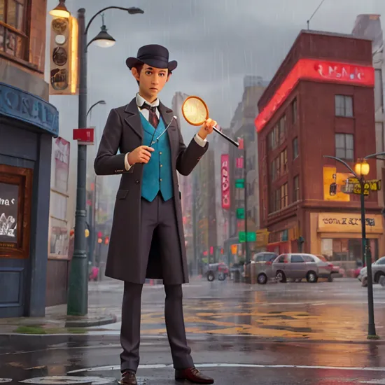 Sherlock Holmes is sad, holding a magnifying glass, rain in the background, "404" as neon text on the building