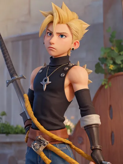 1boy, male focus, solo, blonde hair, jewelry, earrings, sword, spiked hair, turtleneck, portrait, armor, upper body, blurry background, closed mouth, weapon on back, single earring , cloud strife, final fantasy 7, ((masterpiece))