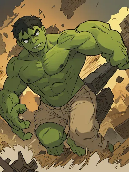 A hulk inside a war in the style of sk3ll3t0n