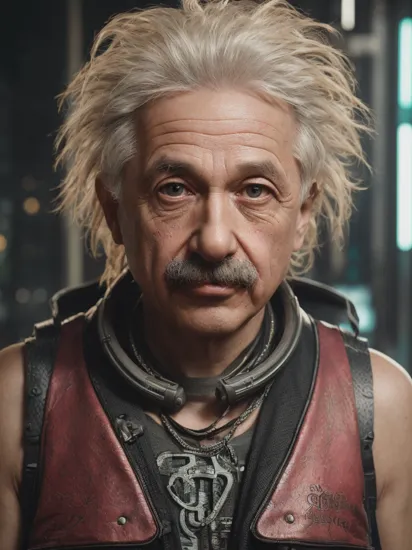 Albert Einstein, (reimagined in a cyberpunk universe), (cyberpunk style), (cyberpunk), (cyberpunk outfit), (punk hair), (augmentation), cybernetics, glowing neon lights, cinematic scene, hero view, action pose, beautiful 8k, detailed background, masterpiece, best quality, high quality, absurdres, vivid., Photorealistic, Hyperrealistic, Hyperdetailed, analog style, detailed skin, matte skin, soft lighting, subsurface scattering, realistic, heavy shadow, masterpiece, best quality, ultra realistic, 8k, golden ratio, Intricate, High Detail, film photography, soft focus,