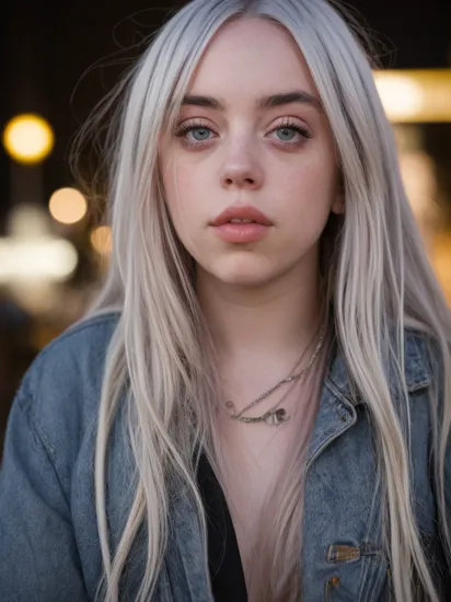 professional fashion close-up portrait photography of a billie eilish in the city at night, Nikon Z9, bokeh
