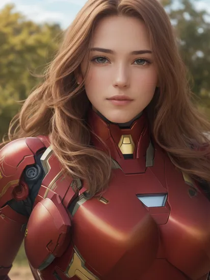 (close up:1.2), (megfo),  wearing iron man mark II armor suit, long hair, 4K, HDR, outdoors, sunny, portrait photo
 