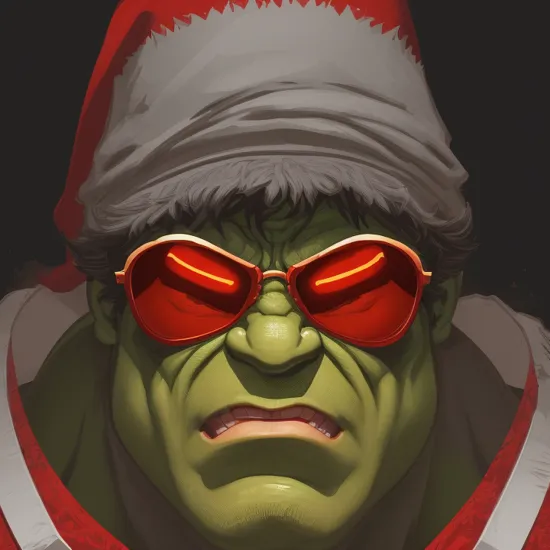 creative  illustration of hulk portrait with a red christmas bonnet and cool sunglasses, candles, fantasy style by dan mumford, frank franzetta ,sketch, white, grey  red, yellow and blue electric  outlines,high definition, intricat details, bright colors, logo style, negative space set on a black background