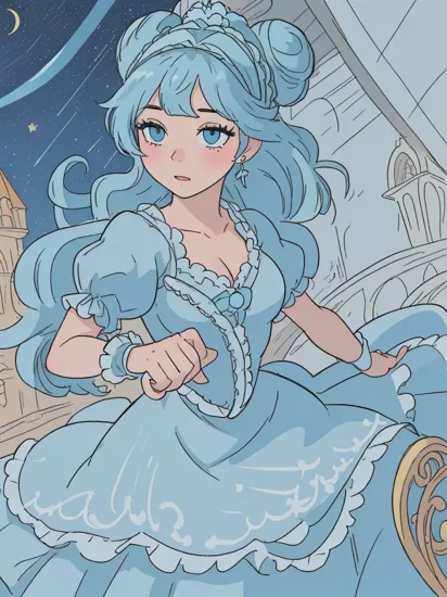 ((masterpiece:1.2), best quality, highres, ultra-detailed), solo, 1girl,
(CinderellaWaifu,princess cinderella from disney,beautiful skin,swept bangs,top knot:1.4),(18 years old,large breasts,sexy eyes,turquoise eyes,blonde hair:1.1),elegant face,(blue headband:1.3),
princess,
(1girl, solo:1.4), cowboy shot,(light blue rococo style gown:1.4), long gloves, looking at viewer, (outdoor,at night,castle,starry sky:1.2),cute pose 
