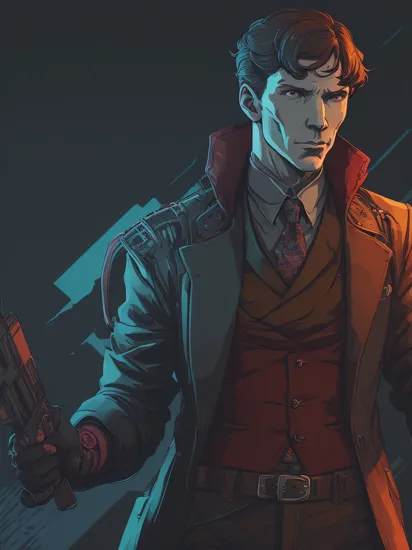 Cyberpunk style, midshot, (cel-shading style:1.3), centered image, ultra detailed illustration of Sherlock Holmes, posing, (tetradic colors), inkpunk, (ink lines:1.1), strong outlines, art by MSchiffer, bold traces, unframed, high contrast, (cel-shaded:1.1), vector, 32k resolution, best quality, flat colors, flat lights (Benedict Cumberbatch) 